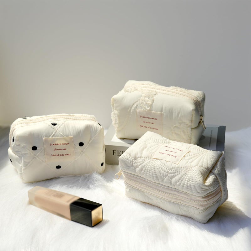 Sminra White Makeup Bag Small Nylon Cotton Quilted Cosmetic Makeup Bag Organizer  Aesthetic Floral Waterproof Portable Pouch Purse Toiletry Bag for Women Girls Travel accessories (White Lace-S) - Image 5